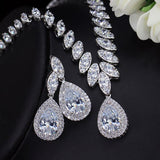 High Quality AAAA+ Quality CZ Sparkling Crystal Water Drop Earrings Necklace Set - BridalSparkles
