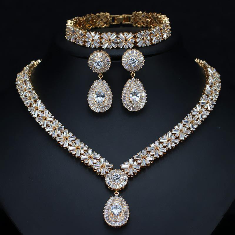 BridalSparkles Exclusive Luxury Aaa Cubic Zirconia Diamonds Necklace Earring Bracelet Bridal Jewelry Set Best Seller Gold Color