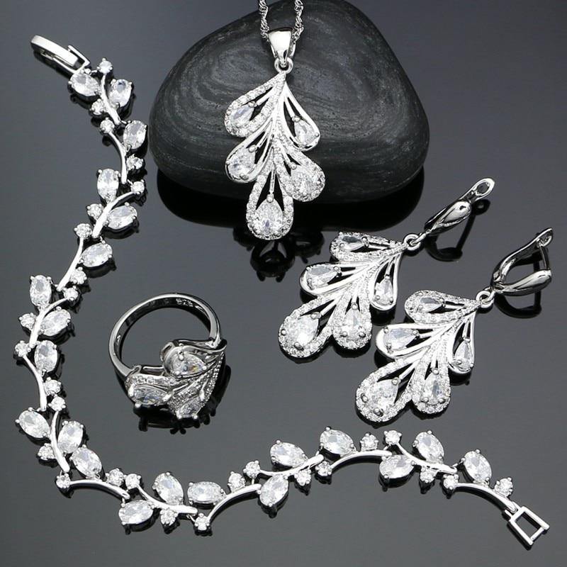 Desirable 925 Silver AAAA+ Quality White Cubic Zirconia Crystal Feather Earrings Pendant Necklace Ring Bracelet  Bridal Jewelry Set - BridalSparkles