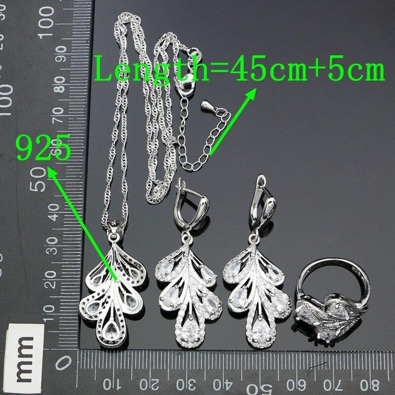 Desirable 925 Silver AAAA+ Quality White Cubic Zirconia Crystal Feather Earrings Pendant Necklace Ring Bracelet  Bridal Jewelry Set - BridalSparkles