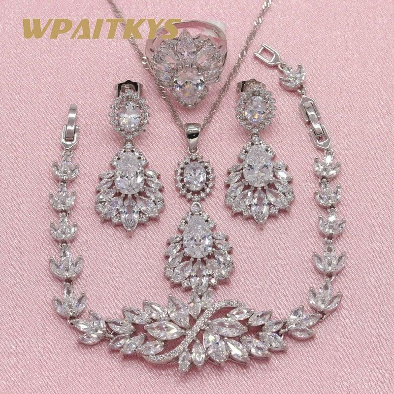 White AAA Cubic Zirconia Crystals Earrings Pendant Necklace Ring Bracelet Bridal Set - BridalSparkles