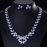 Gorgeous Shining Leaf AAAA+ Cubic Zirconia Diamonds Yellow Blue Red Crystal Stud Earrings Necklace Jewelry Set - BridalSparkles