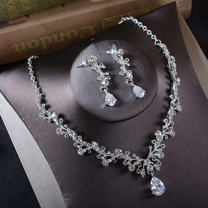 Luxury AAA+ Quality Cubic Zirconia Crystals Floral Waterdrop Necklace Earrings Bridal Jewelry Set - BridalSparkles