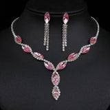 Charming Leaf Tassel Wedding Jewelry Set Charm Pink Crystal Choker Necklace Earrings Set Bridal Jewelry Set