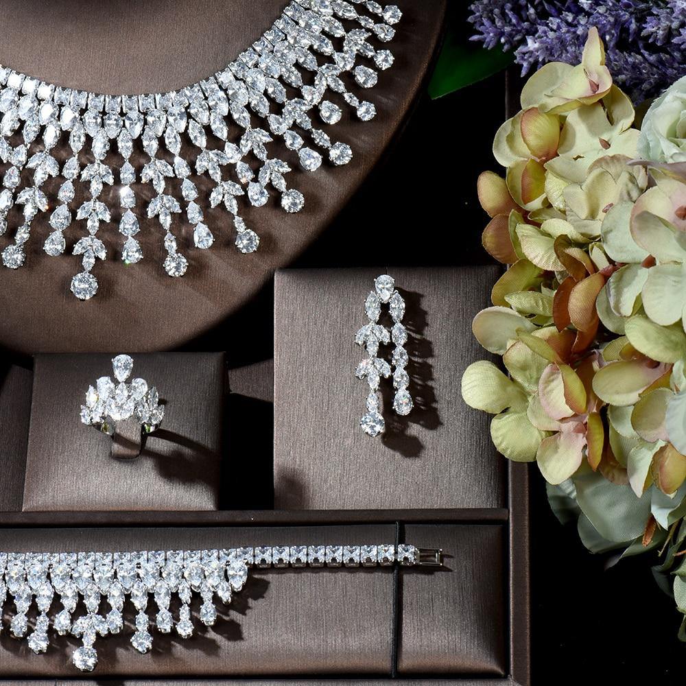 Fashion White AAA+ CZ Diamonds Leaf Earring Necklace Jewelry Set - BridalSparkles