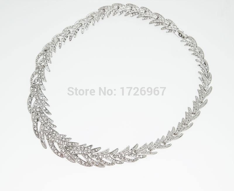 Leaves Shape Silver Plated Clear Crystal Jewelry Set - BridalSparkles