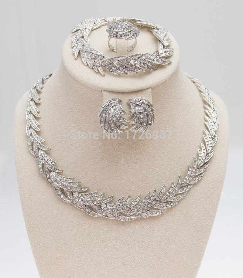 Leaves Shape Silver Plated Clear Crystal Jewelry Set - BridalSparkles