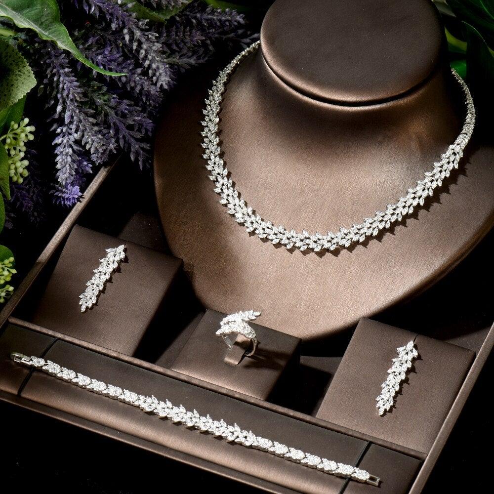 Luxury Long Leaves AAA+ Cubic Zirconia Diamonds Wedding Jewelry Set - BridalSparkles