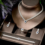 Fabulous 4pcs Blue Leaf Water Drop Shape AAA+ Cubic Zirconia Diamonds Necklace Earring Set