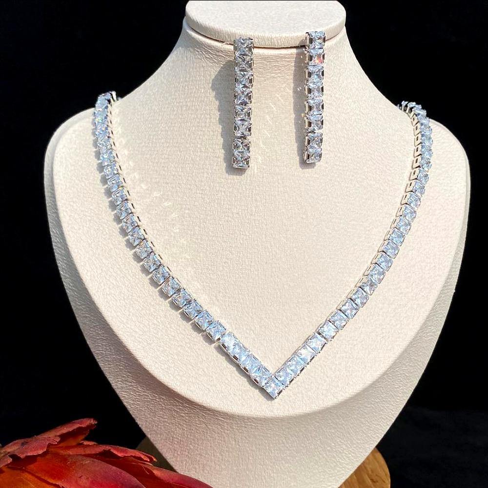 Fashion Necklace Shiny Geometric AAA CZ Diamonds Bridal Set - BridalSparkles