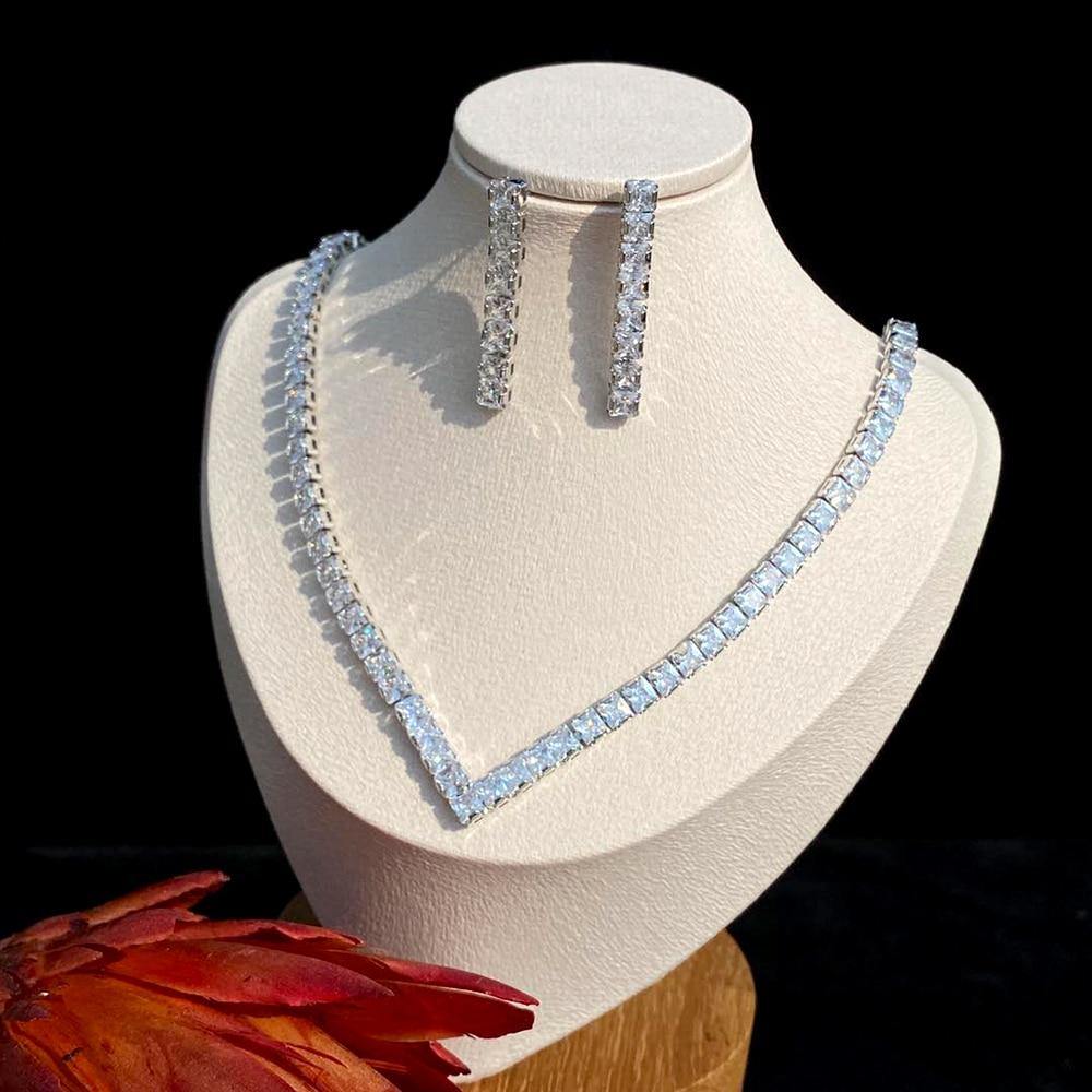 Fashion Necklace Shiny Geometric AAA CZ Diamonds Bridal Set - BridalSparkles