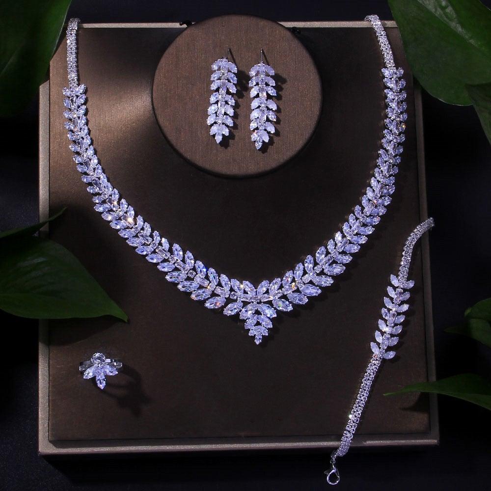 Super Luxury Leaf Leaves Full AAAA Cubic Zirconia Diamonds Bridal Set - BridalSparkles