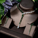 Gorgeous Waterdrop Shape Long Earrings Green and White AAA+ Cubic Zirconia Diamonds Bridal Set