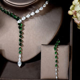 Gorgeous Waterdrop Shape Long Earrings Green and White AAA+ Cubic Zirconia Diamonds Bridal Set - BridalSparkles