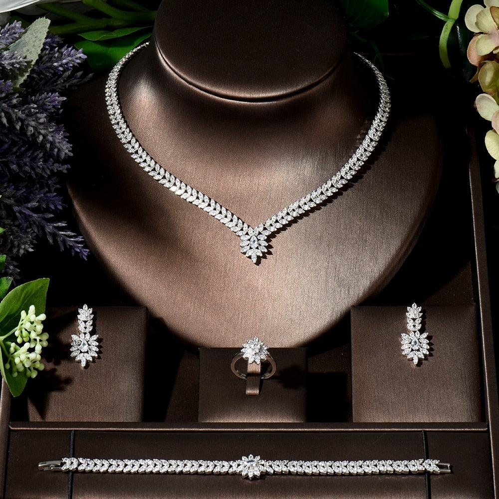 Fabulous 4pcs Blue Leaf Water Drop Shape AAA+ Cubic Zirconia Diamonds Necklace Earring Set - BridalSparkles