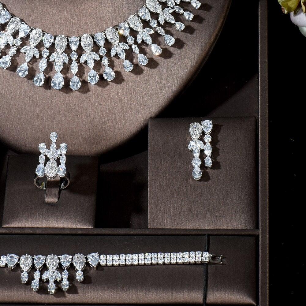 Three Layers Leaf Design Fashion AAA+ CZ Diamonds Bridal Jewelry Set - BridalSparkles