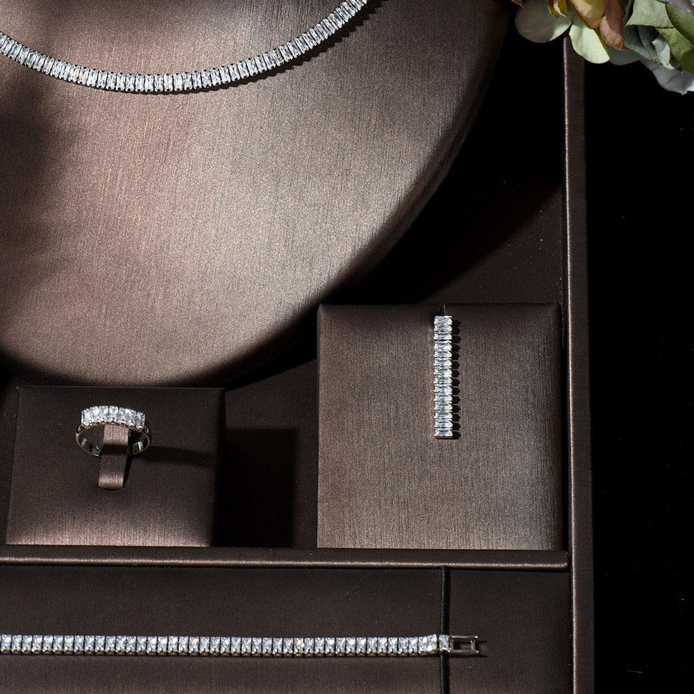 Luxury Baguette AAA+ Cubic Zirconia Diamonds Choker Design 4pcs Necklace and Earring Set - BridalSparkles