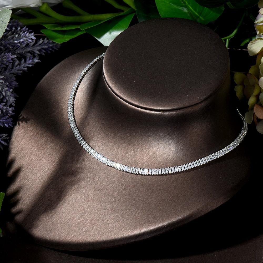 Luxury Baguette AAA+ Cubic Zirconia Diamonds Choker Design 4pcs Necklace and Earring Set - BridalSparkles