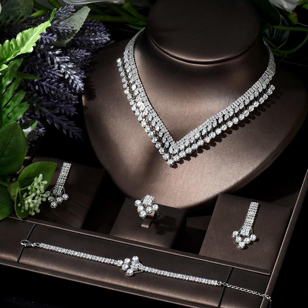Noble Bridal Jewelry Design AAA+ Cubic Zirconia Diamonds Statement 4pcs Luxury Set - BridalSparkles