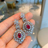 Dazzling Lab Ruby Gemstone High Carbon Diamond Earrings Pendant Necklace Set - BridalSparkles