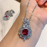 Dazzling Lab Ruby Gemstone High Carbon Diamond Earrings Pendant Necklace Set - BridalSparkles