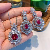 Dazzling Lab Ruby Gemstone High Carbon Diamond Earrings Pendant Necklace Set - BridalSparkles