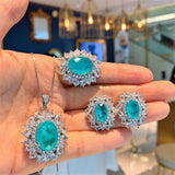 Amazing Paraiba Tourmaline Gemstone Pendant Necklace Earrings Ring Wedding Jewelry Set - BridalSparkles