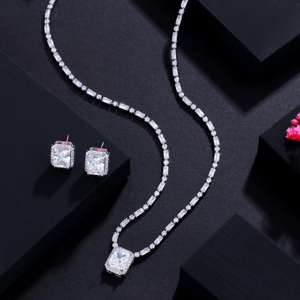 Fabulous Shiny Square Cut AAA+ Cubic Zirconia Diamonds Light Blue White Gold Color Jewelry Set - BridalSparkles