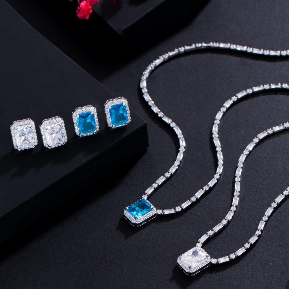 Fabulous Shiny Square Cut AAA+ Cubic Zirconia Diamonds Light Blue White Gold Color Jewelry Set - BridalSparkles