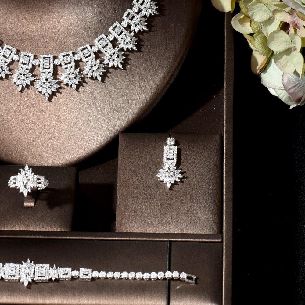 High Quality Luxury AAA+ Cubic Zirconia Diamonds Big Geometric Design Wedding Necklace Earring Set - BridalSparkles