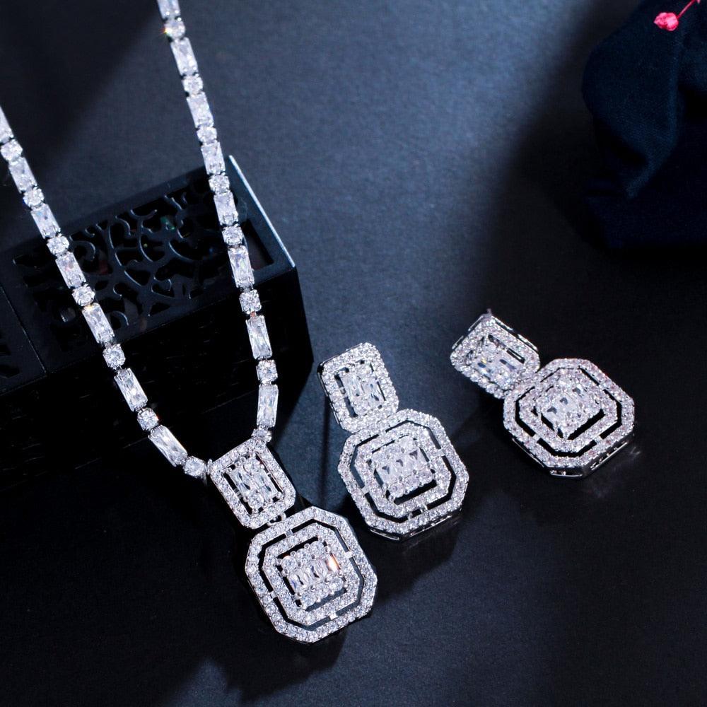 Best Wedding Jewelry - Shiny Baguette AAA Cubic Zirconia Diamonds Gold Color Jewelry Set - BridalSparkles