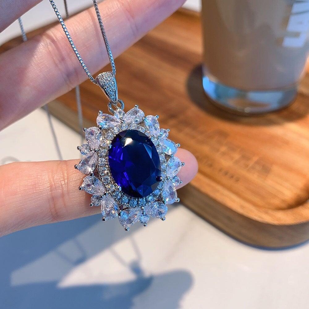 NEW - Lovely Lab Sapphire Pendant Necklace Earrings Ring Wedding Engagement Jewelry Set - BridalSparkles