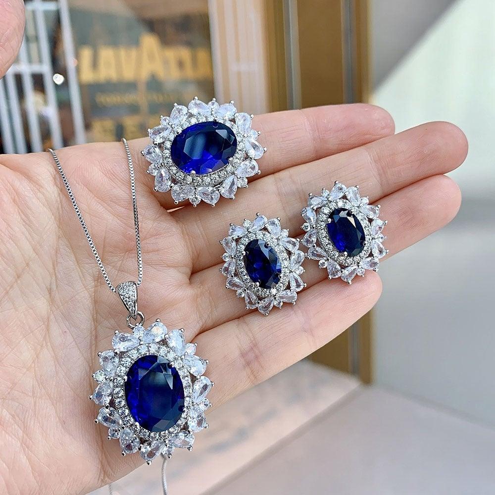 NEW - Lovely Lab Sapphire Pendant Necklace Earrings Ring Wedding Engagement Jewelry Set - BridalSparkles