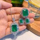 New Trend Vintage Lab Emerald Gemstone and Lab Diamonds Necklace Ring Earrings Jewelry Set