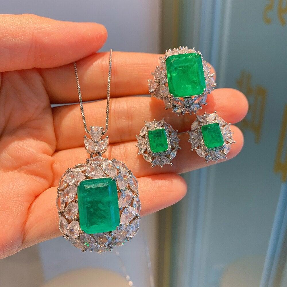 New Trend Vintage Lab Emerald Gemstone and Lab Diamonds Necklace Ring Earrings Jewelry Set - BridalSparkles