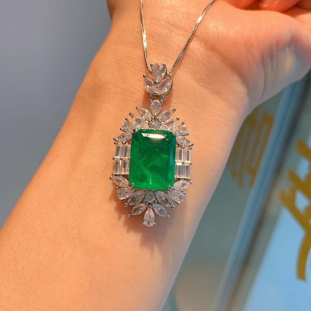 New Trend Vintage Lab Emerald Gemstone and Lab Diamonds Necklace Ring Earrings Jewelry Set - BridalSparkles
