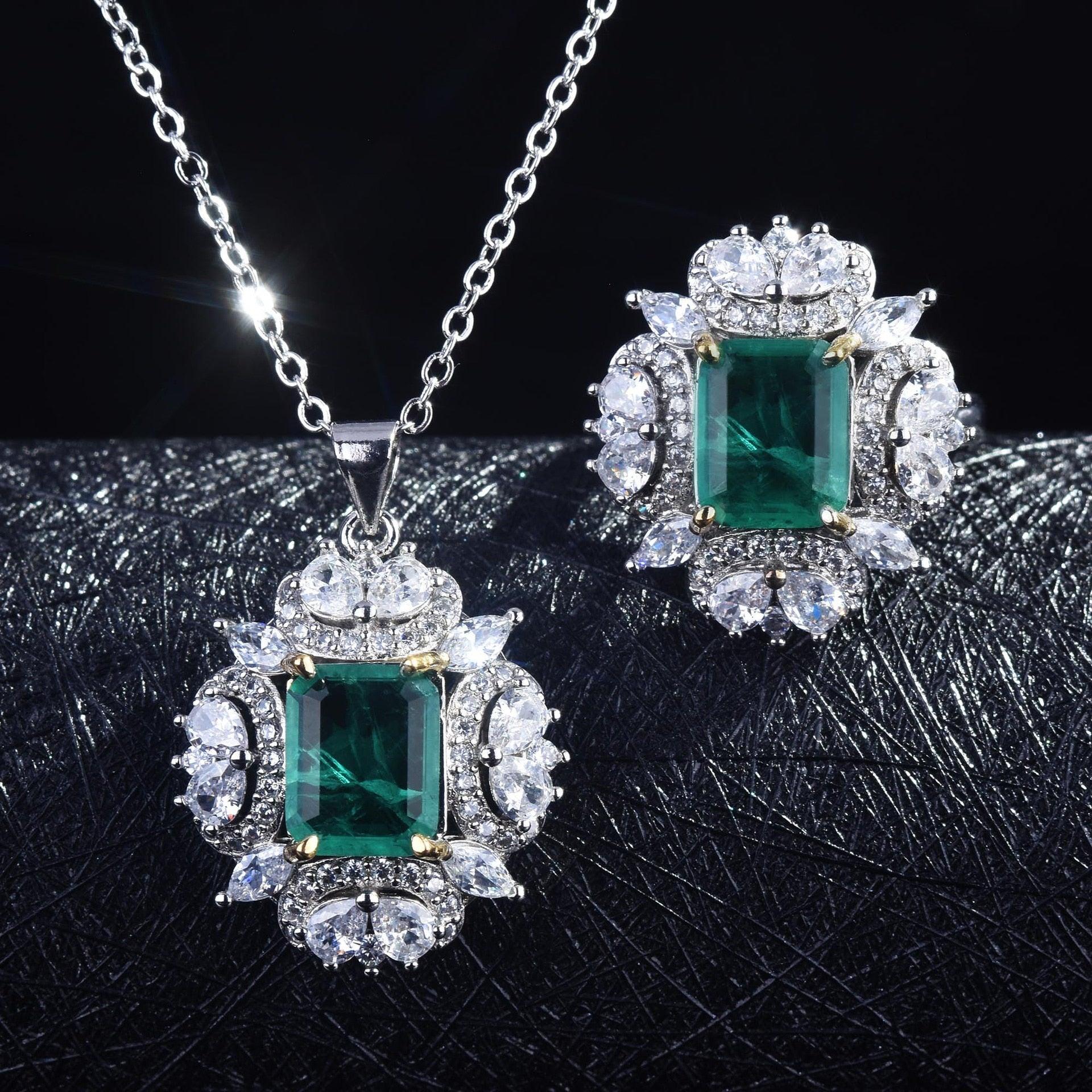 Luxury Vintage Square Lab Emerald Gemstone Ring/Earring/Necklace Wedding Set - BridalSparkles