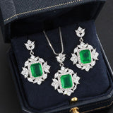 Vintage Lab Emeralds Dainty Necklace Chain With Pendant Drop Earrings Antique Jewelry Set