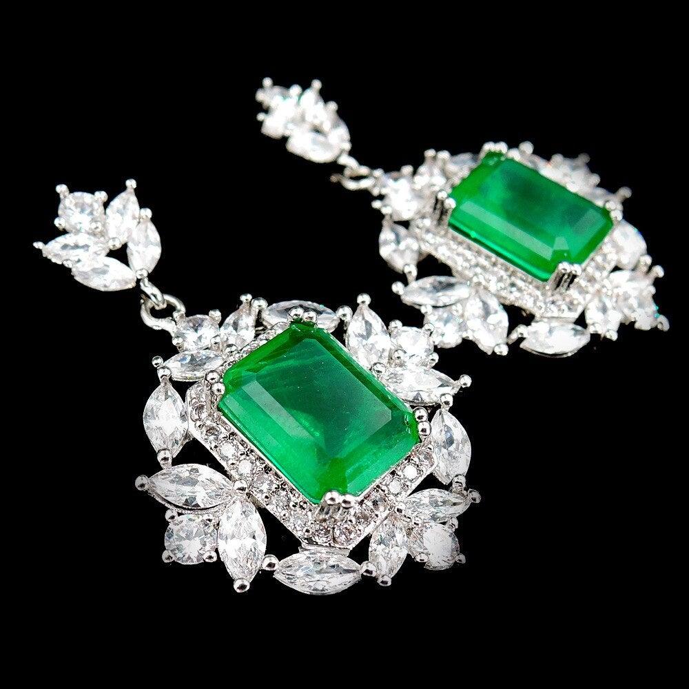 Vintage Lab Emeralds Dainty Necklace Chain With Pendant Drop Earrings Antique Jewelry Set - BridalSparkles