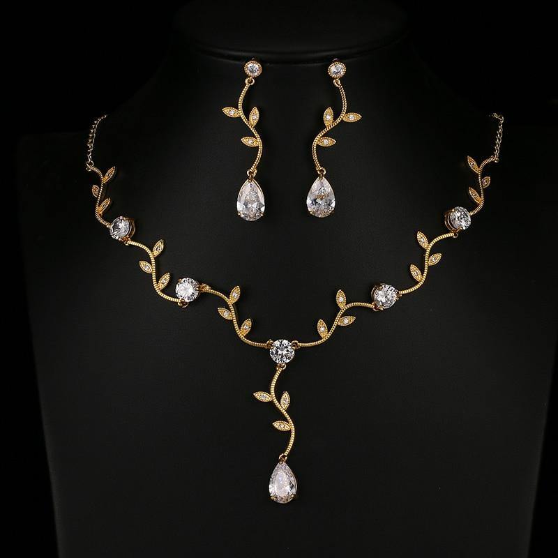 Pretty AAA+ Quality Zircon Crystal Diamonds Leaf Shape Choker Necklace Earrings Wedding Bridal Jewelry Set - BridalSparkles