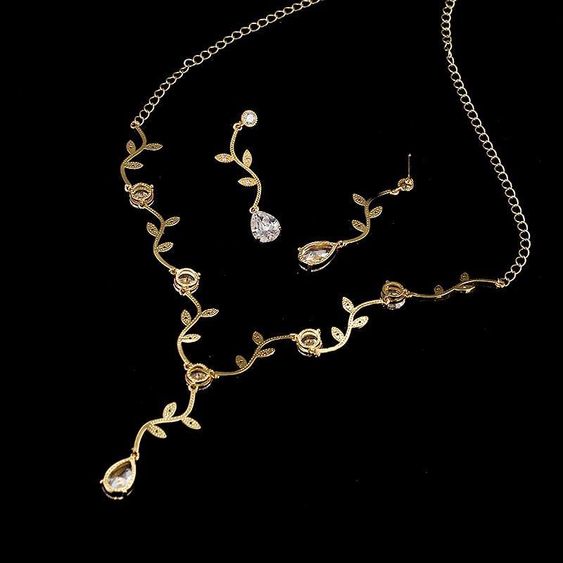 Pretty AAA+ Quality Zircon Crystal Diamonds Leaf Shape Choker Necklace Earrings Wedding Bridal Jewelry Set - BridalSparkles