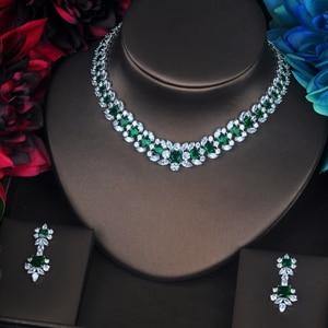 Beautiful Green Flower Shape Designer AAAA+ Cubic Zirconia Wedding Jewelry Set with Necklace and Earrings - BridalSparkles