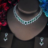 Beautiful Green Flower Shape Designer AAAA+ Cubic Zirconia Wedding Jewelry Set with Necklace and Earrings