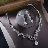 Luxury AAA+ Quality Cubic Zirconia Crystals Floral Waterdrop Necklace Earrings Bridal Jewelry Set