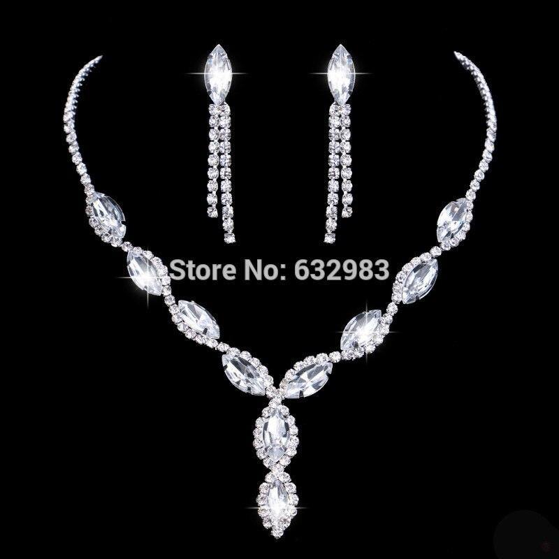 Sparkling Silver Color Rhinestone Crystal Leaves Choker Necklace Earrings Bracelet Bridal Jewelry Set - BridalSparkles