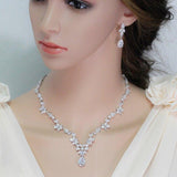 Beautiful AAAA+ CZ Tearrop Diamond Flower Pendant Necklace Earrings Jewelry Set - BridalSparkles