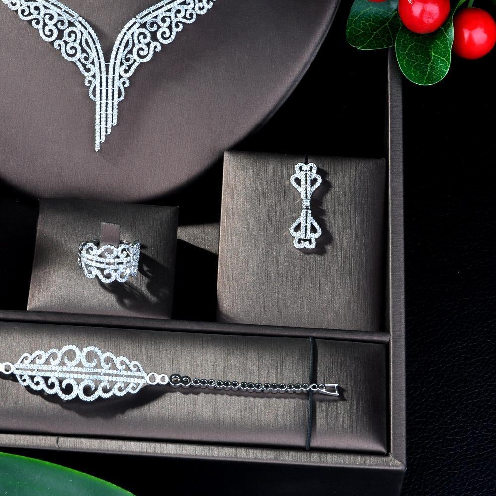 Super Luxury Leaf Designer AAAA+ Cubic Zirconia Diamonds Choker 4 piece Bridal Wedding Jewelry Set - BridalSparkles